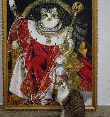 cat poses in front of renaissance painting.