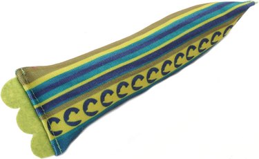 Blue, green, and yellow catnip kicker toy