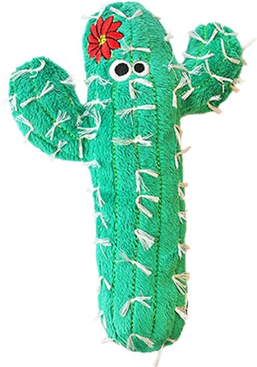 Green, white, and red plush cactus kicker toy for cats.