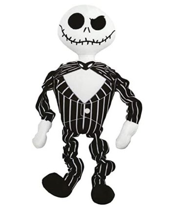 Jack Skellington 12-inch stuffed dog toy with squeaker inside and stetchy arms and legs.