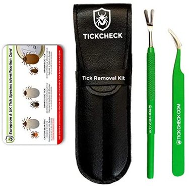 Tick removal kit with a prong tool, fine-tip tweezers, a leather carrying pouch, and a tick identification card.