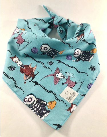 Teal blue pet bandana with the trick-or-treaters from "Nightmare Before Christmas" on it and a LuckyStarBandanas logo.