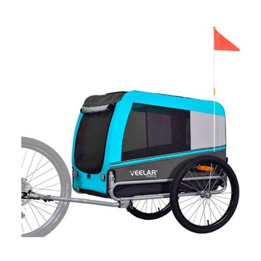 A black and blue Veelar Pet Bike Trailer Bicycle Trailer with an orange safety flag on the back