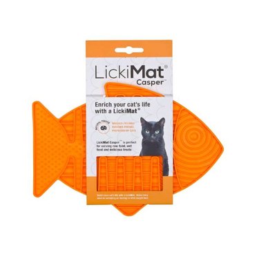 An orange Lickimat Casper slow feeder for cats