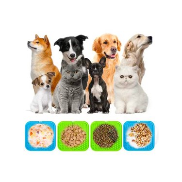 A variety of dogs and cats above several MateeyLife Licking Mat with different types of food on them