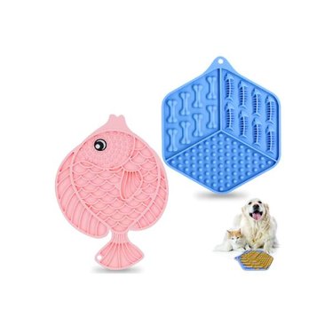 Pink and blue Ancistro Dog and Cat Lick Mats with a small image of a dog and cat underneath them