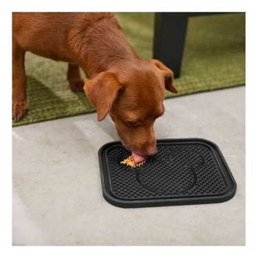 A brown dog licking wet food off of a black Disney Mickey Silicone Dog & Cat Treat Yummy Mat