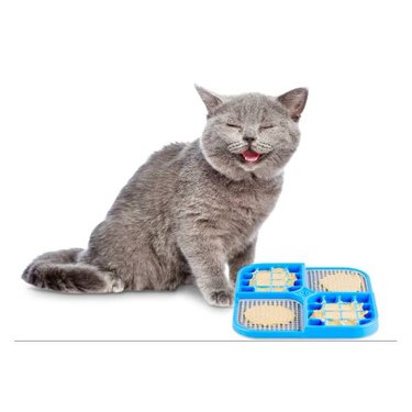 A grey cat next to a blue Hyper Pet IQ Banquet Dog & Cat Lick Mat that's covered in spreadable treats