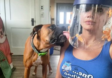 dog licks peanut butter off woman's face shield