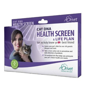 An ORIVET Cat DNA Test Kit in a purple box with a woman holding a cat on the front