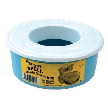 A blue and white Water Hole spill-proof dog bowl
