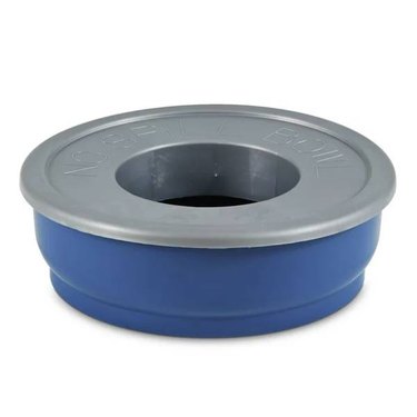A blue and grey Petmate No Spill Pet Bowl good for large dogs
