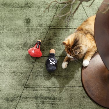 Brown and white cat playing with potion bottle plush toys stuffed with catnip on a green carpet.