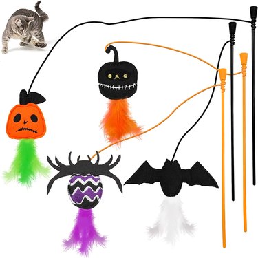 Four cat teaser wand toys with catnip-filled Halloween characters with feathers including a spider, bat, and two jack-o'-lanterns.