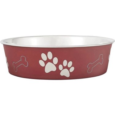 A stainless steel Loving Pets Bella Bowls Pet Bowl with a paw print design on the outside