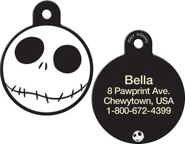 Pet ID tag with Jack Skellington's face on on side and a black backside with your pet's name and contact information on it with another tiny Jack image at the bottom.