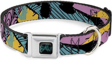 Dog collar printed like Sally's patchwork dress. The silver buckle says 'Sally' in the center in a teal-colored font.