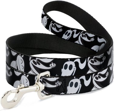 4-foot black dog leash with a pattern of Zero the ghost dog. It has steel hardware and a loop handle.