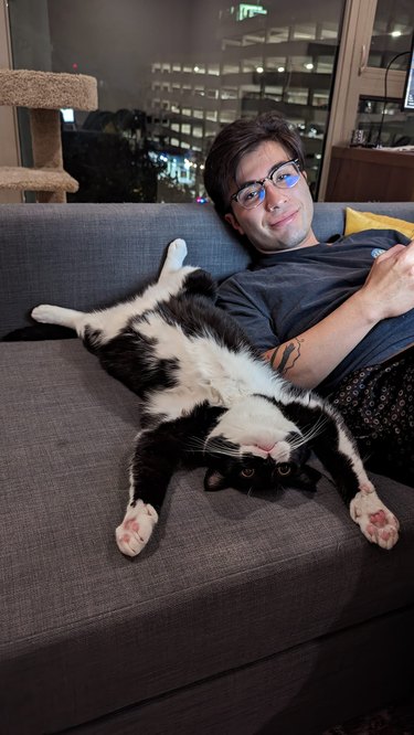 tuxedo cat sleeping on their back with their paws stretched out next to a human.