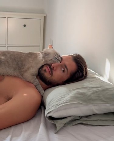 cat sleeps on a man's face.