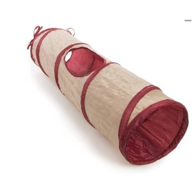 A cream and red colored SmartyKat Hideout tunnel play mat
