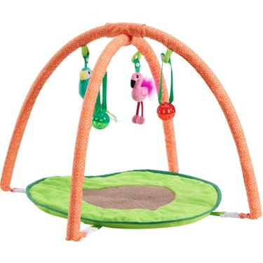 A Petstages Jungle Mat Cat Activity Play Mat with four hanging toys and a sisal scratch mat bed