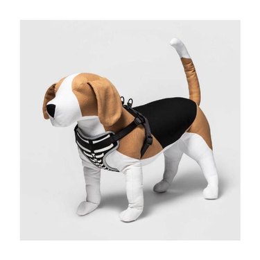 A stuffed brown and white dog toy in a Skeleton Glow Reflective Dog and Cat Harness