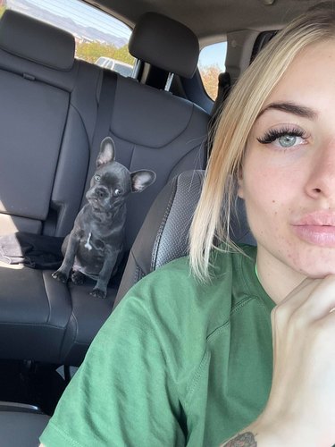 dog judges woman for taking selfie