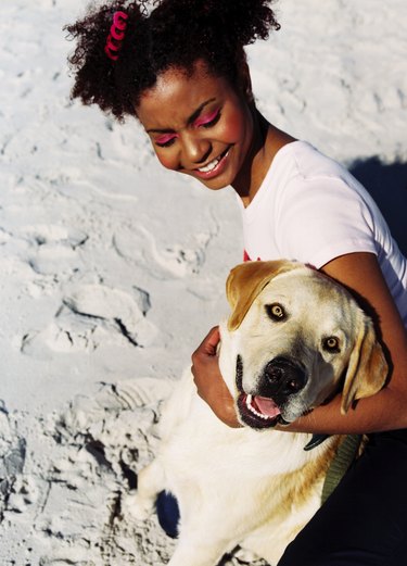 young woman on the beach holding dog