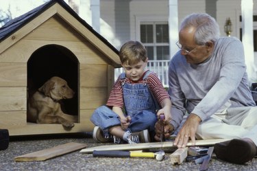 Grandfather and his grandson building a kennel