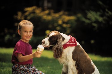 Girl and dog eating her ice cream