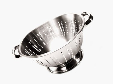 Stainless steel colander, close-up