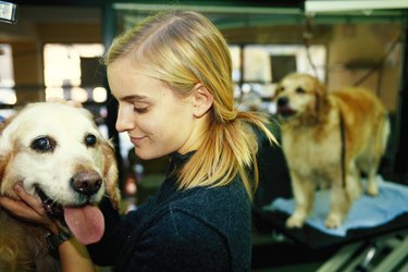 Veterinarian petting dog, smiling, close-up