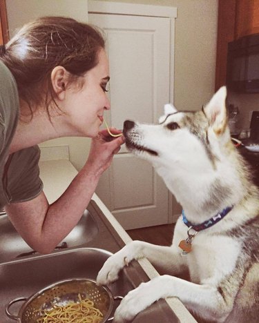 Dog and woman sharing a strand of spaghetti.