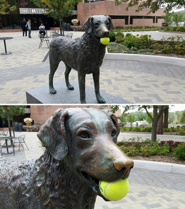 Statue of dog with tennis ball in its mouth.