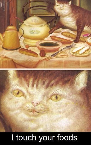 Olden days cat painting with a cat touching dinner food