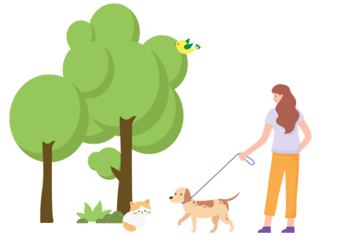 Graphic with a woman, a dog, a cat, and a bird playing in a park