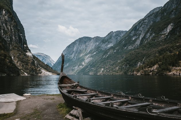 Wooden viking boat on the coastline