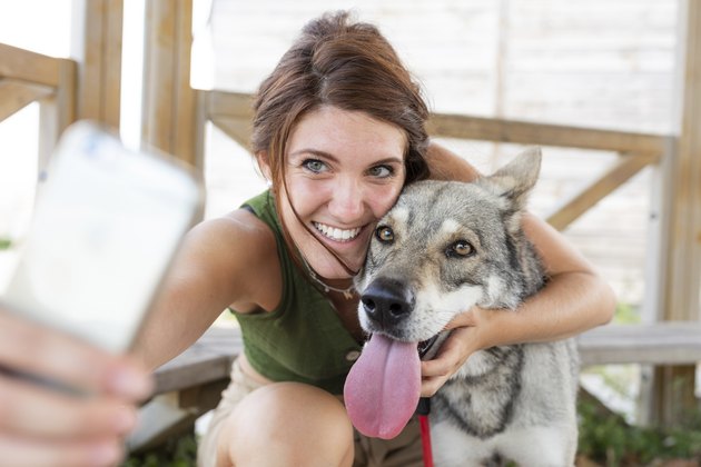 Young woman taking selfie with her dog with smartphone