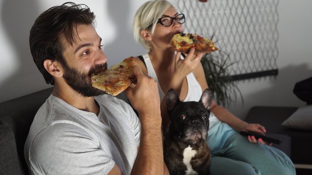 Man and woman have pizza for dinner with pup