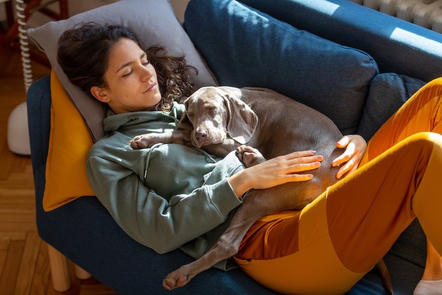 Young woman taking a nap on the sofa with her puppy