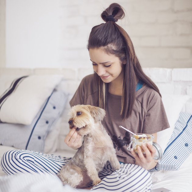 woman at home eating yogurt and holding dog
