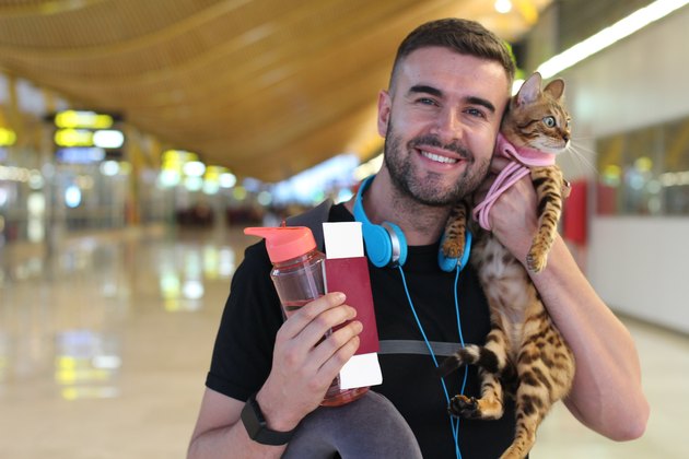 Handsome man traveling with his cat