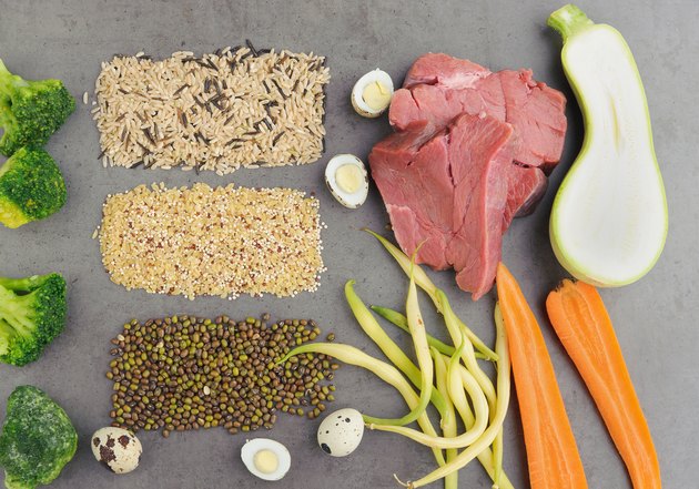 Natural raw ingredients for pet food on grey background.