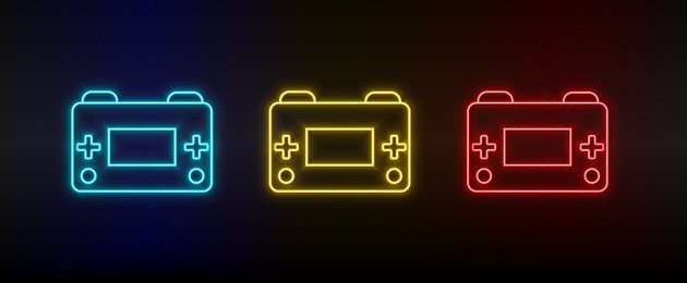 Neon icons. Retro arcade game console. Set of red, blue, yellow neon vector icon