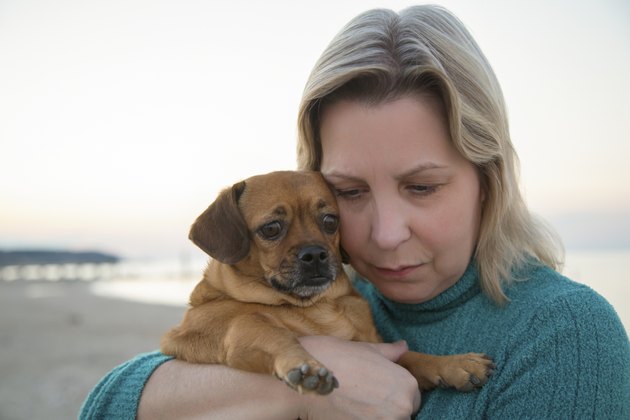 Woman with her dog during a sunset