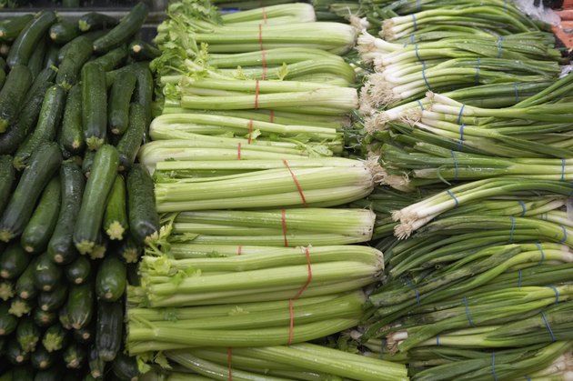 Close-up of spring onions in a supermarket
