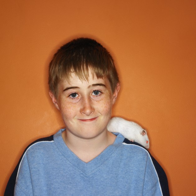 portrait of a teenage boy (13-15) with a white mouse on his shoulder