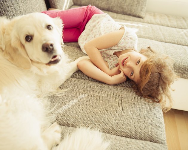 Young girl lying on sofa with pet dog