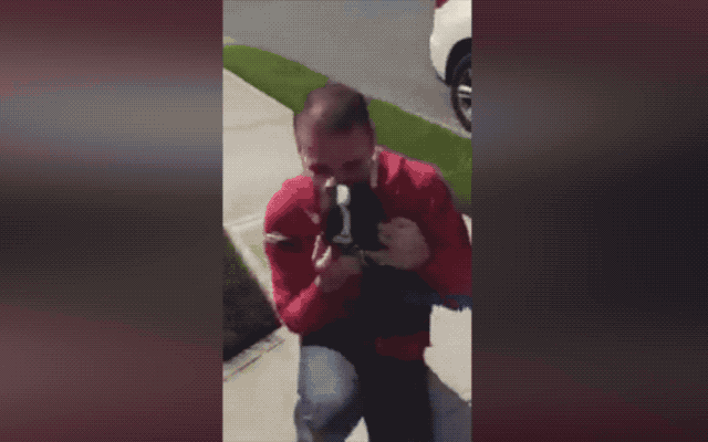 This dog is cuddling its owner.